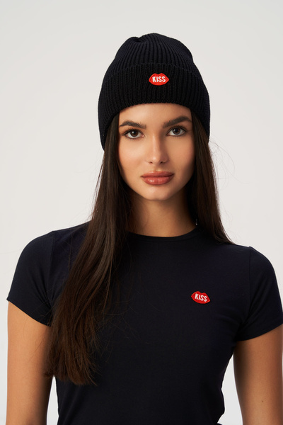 Czapka KISS Czarna z Wełny Merino 100%