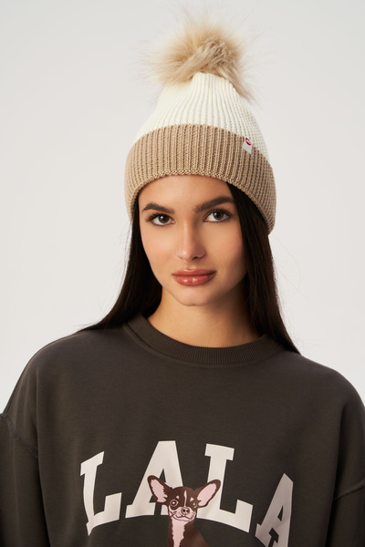 Czapka Lala Lips Beżowa z Pomponem z Wełny Merino 100%
