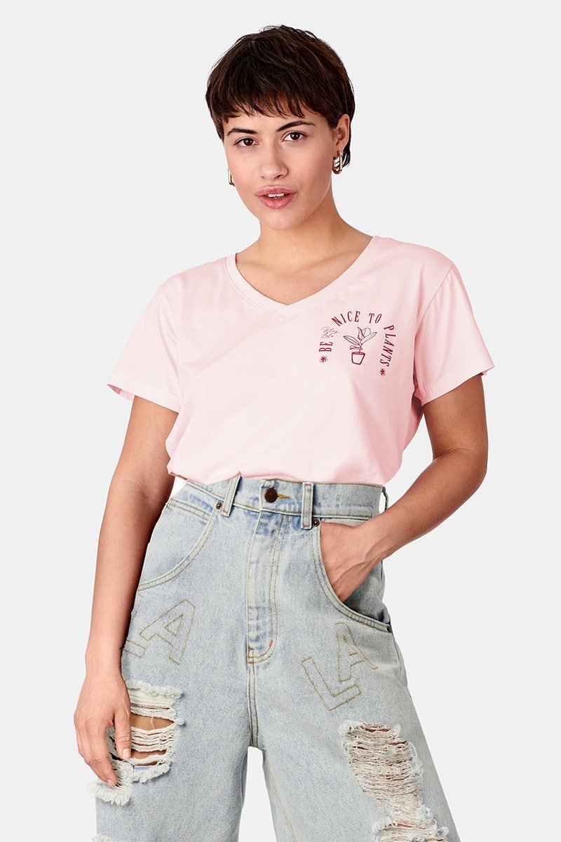 Be Nice To Plants V-Neck Baby Tee + Rodeo Light Blue Jeans